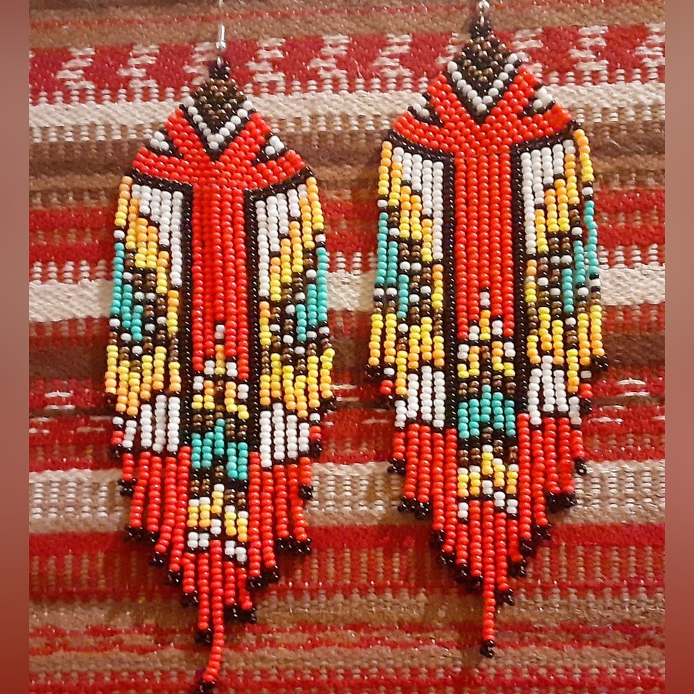 Miyuki Handmade Southwestern Seed Bead Fringe Navajo Inspired Style Earrings